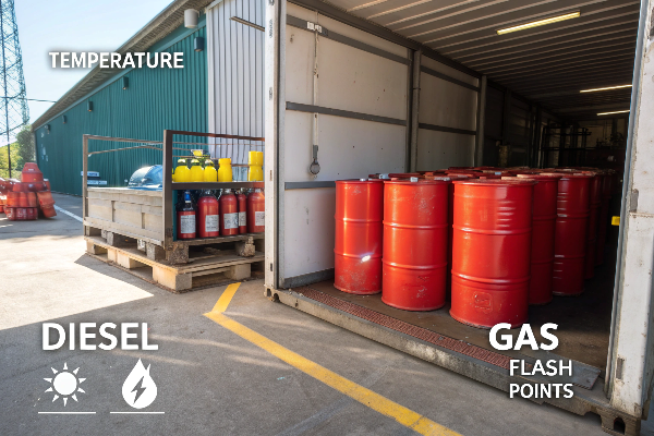 Diesel and gas barrels stored in warehouse