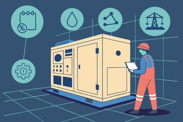 Engineer inspecting diesel generator with data analysis icons