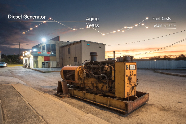 Aging diesel generator outside with rising maintenance costs chart