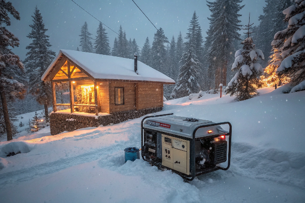 Diesel generator powering cabin in snowy forest