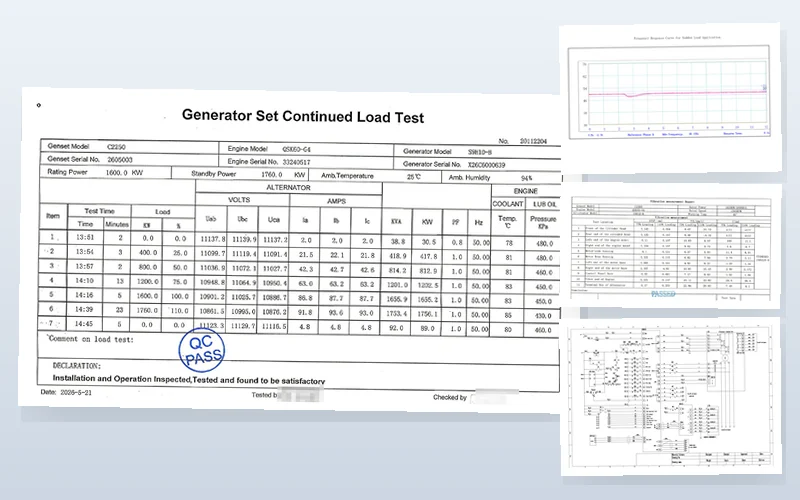 Diesel generator test documentation: full-load test report, frequency response curve, ISO 8528-9 vibration report and electrical schematic