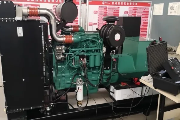 Industrial diesel generator setup showing detailed engine structure and specialized testing equipment.