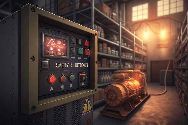 Diesel generator control panel with safety shutdown alert