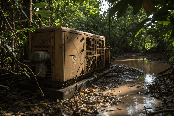 Old diesel generator abandoned in muddy jungle
