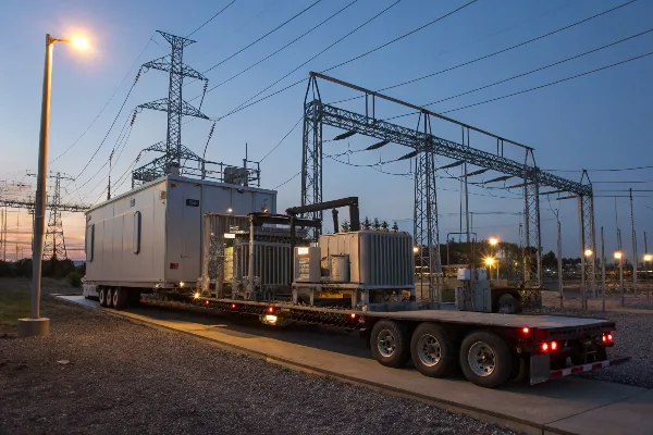 Subestación eléctrica móvil al anochecer con líneas de alta tensión
