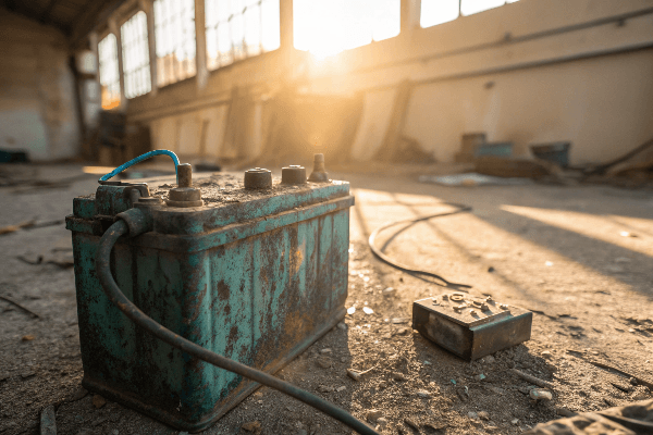 Old rusty generator battery in abandoned factory