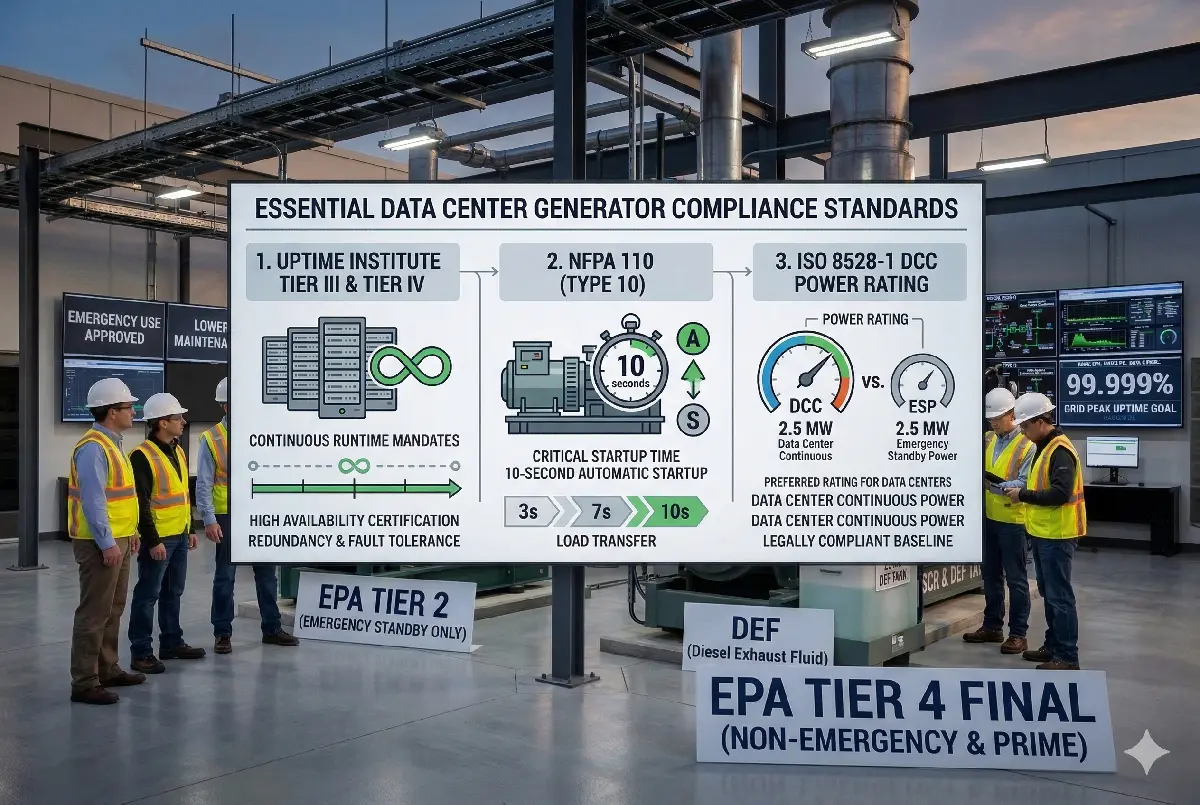 Infografía que ilustra los estándares de cumplimiento básicos para generadores de centros de datos, incluidos los niveles Tier III/IV del Uptime Institute, el arranque en 10 segundos según la norma NFPA 110 y las clasificaciones de potencia DCC según la norma ISO 8528-1.