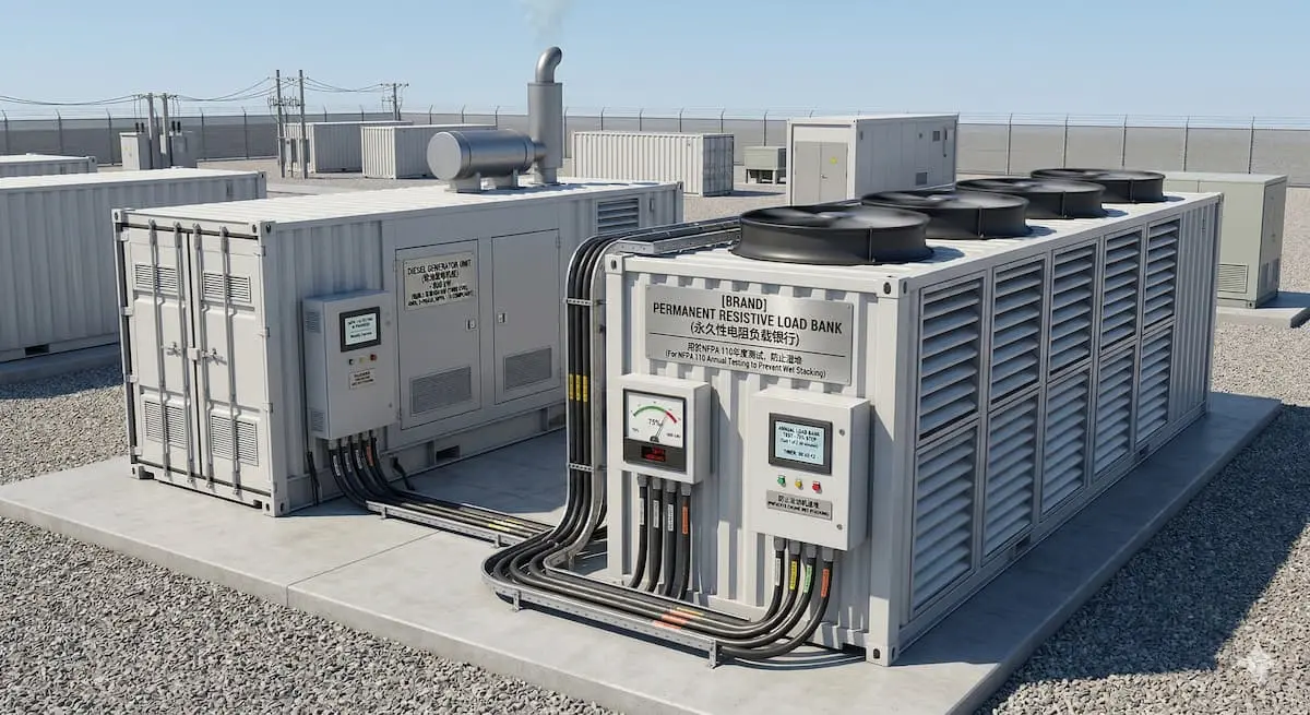 Banco de carga resistiva permanente de uso industrial conectado a un generador diésel de un centro de datos, utilizado para realizar las pruebas obligatorias de la norma NFPA 110 y evitar la acumulación de motores en ambientes húmedos.