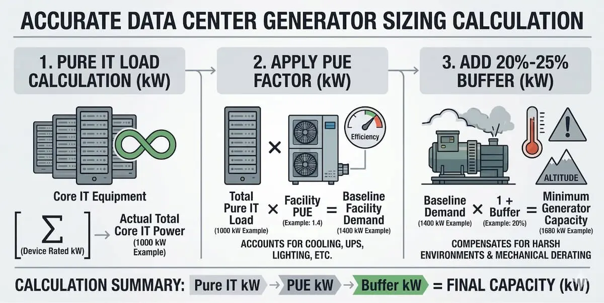 Infografía que muestra la fórmula de dimensionamiento de generadores para centros de datos en 3 pasos: cálculo de la carga de TI pura, aplicación del factor PUE y adición de un margen de reducción de potencia ambiental del 20-25 %.
