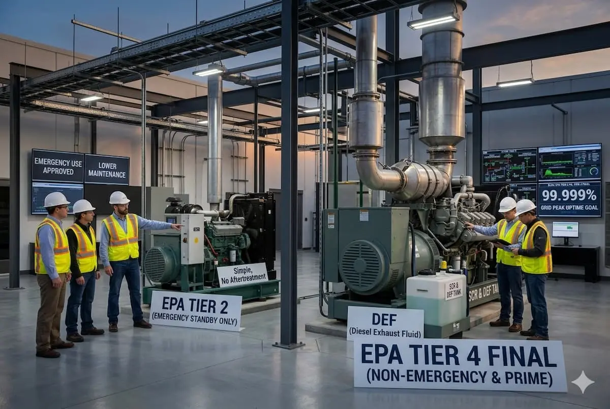Diagrama técnico de un generador diésel para centros de datos EPA Tier 4 Final, que destaca el enorme sistema de postratamiento de gases de escape mediante reducción catalítica selectiva (SCR) necesario para el estricto cumplimiento de la normativa medioambiental.