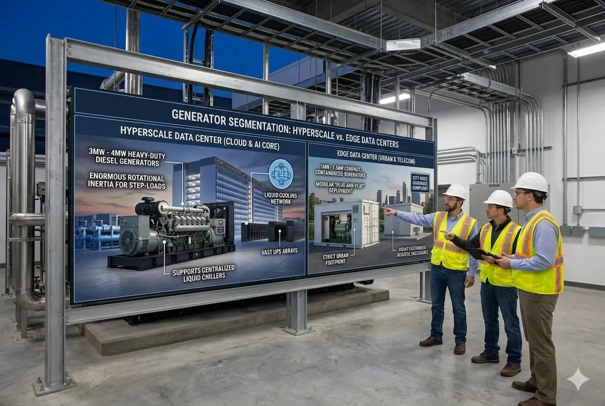 Comparación directa de un generador diésel de alta potencia de 3 MW a 4 MW para centros de datos a hiperescala y un generador compacto en contenedor de 1 MW a 1.5 MW para instalaciones periféricas.
