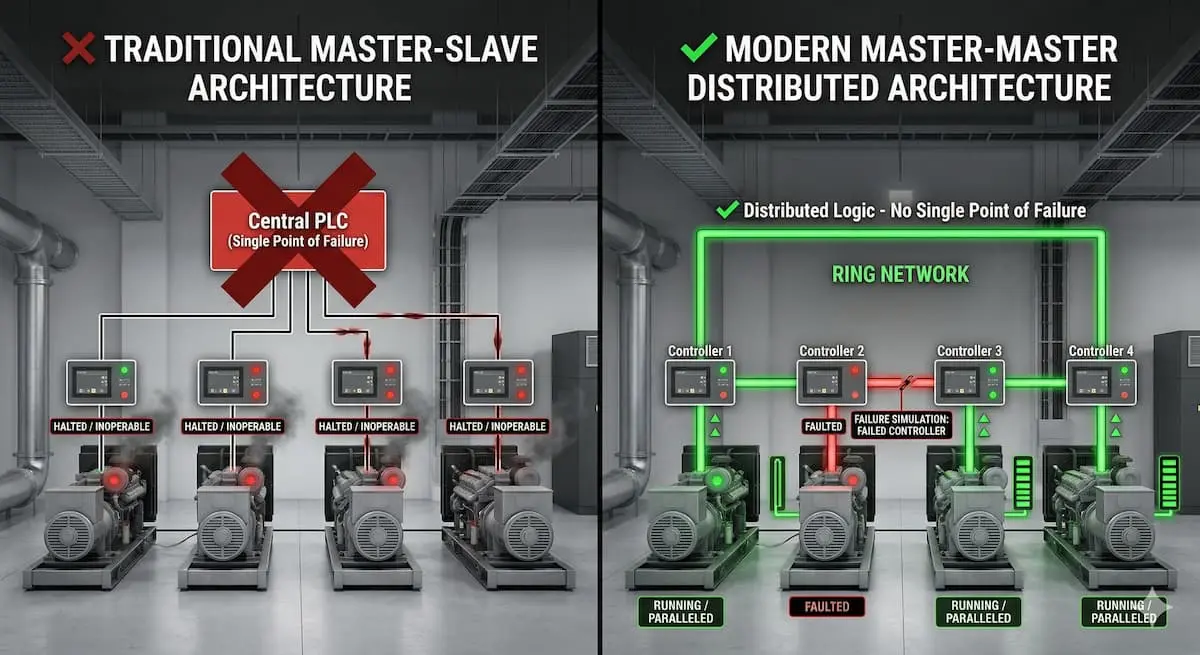 Diagrama topológico que compara un PLC central maestro-esclavo vulnerable con una lógica de paralelismo distribuida maestro-maestro resiliente, eliminando los puntos únicos de fallo para las microrredes de centros de datos.